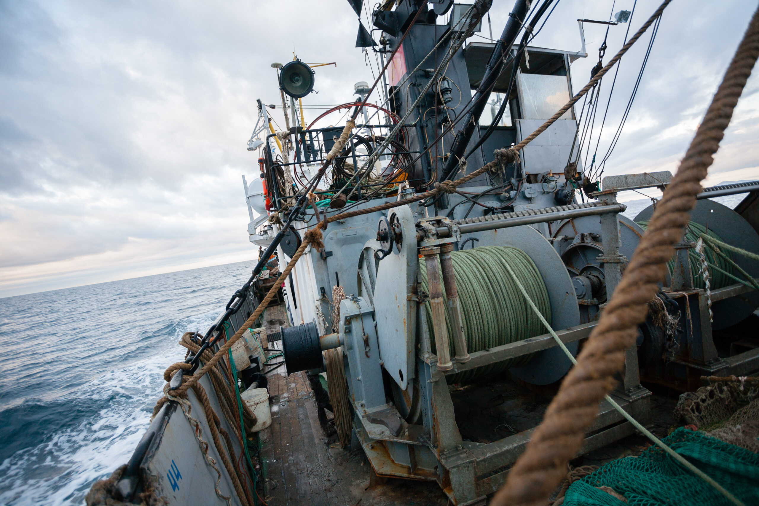 Rigging on the deck of small fishing vessel. Evening time, sea of Japan.